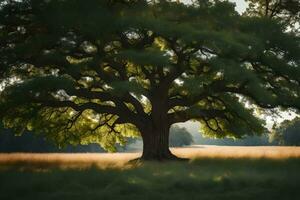 un roble árbol en un campo con césped y arboles generado por ai foto