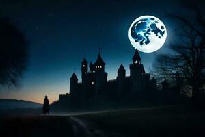 a man is walking towards a castle in the dark. AI-Generated photo