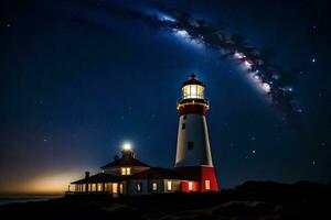 un faro es iluminado arriba por el lechoso. generado por ai foto