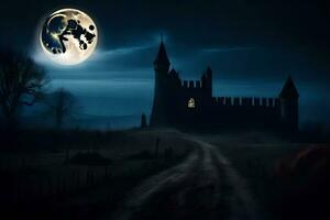 a castle in the dark with a full moon. AI-Generated photo