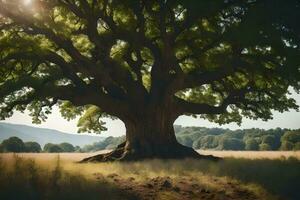 the big tree in the middle of a field. AI-Generated photo