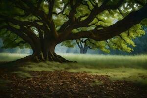 a large tree in the middle of a field. AI-Generated photo