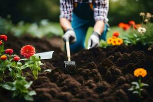 a man is digging in the dirt with a rake. AI-Generated photo