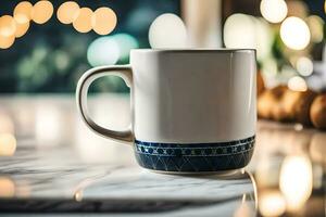 a coffee mug on a table with blurred lights. AI-Generated photo