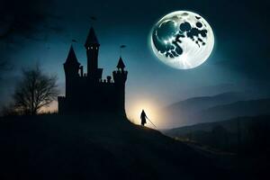 a castle in the night with a full moon. AI-Generated photo