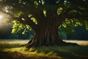 the sun shines through the leaves of a large tree. AI-Generated photo