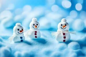 three snowmen are sitting on a blue background. AI-Generated photo