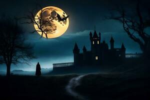 halloween castle with full moon and witch. AI-Generated photo