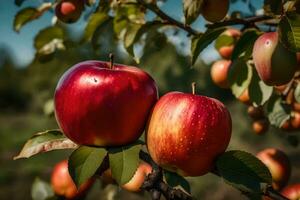 dos manzanas son en un árbol rama con hojas. generado por ai foto