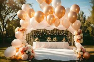 a wedding arch with balloons and flowers. AI-Generated photo