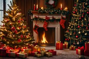 christmas tree and presents in front of fireplace. AI-Generated photo