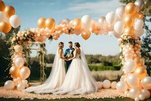 wedding couple under a wedding arch with balloons. AI-Generated photo