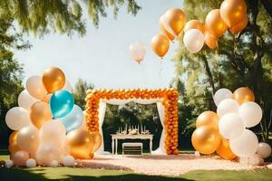 a wedding ceremony with balloons and white and gold decorations. AI-Generated photo