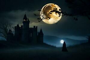 a person in a black cloak is standing in front of a castle with a full moon. AI-Generated photo