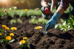 a person is digging in the dirt with a rake. AI-Generated photo