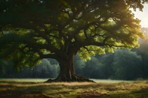 an oak tree in the middle of a field. AI-Generated photo