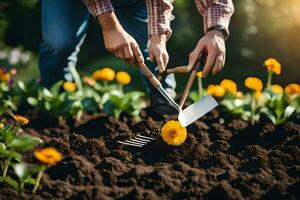 a man is using a garden fork to dig up a flower. AI-Generated photo