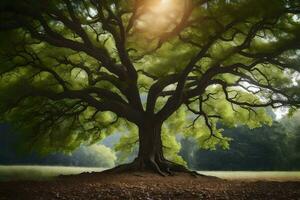 un grande árbol con el Dom brillante mediante él. generado por ai foto