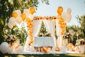 wedding decorations with gold balloons and white flowers. AI-Generated photo