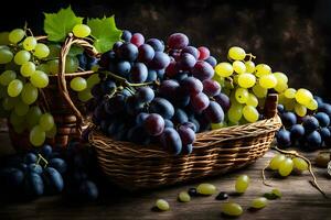 grapes in a basket on a wooden table. AI-Generated photo