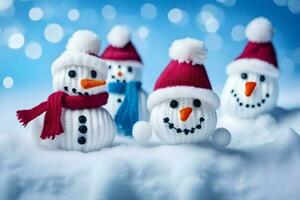 snowmen in hats and scarves are standing in the snow. AI-Generated photo