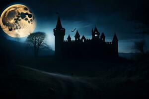 a castle in the dark with a full moon. AI-Generated photo