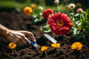 a person is using a knife to cut flowers in the garden. AI-Generated photo