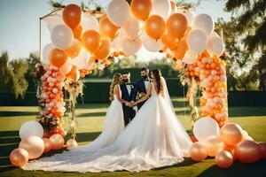 wedding couple under the arch of orange and white balloons. AI-Generated photo