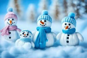 snowman family in the snow. AI-Generated photo