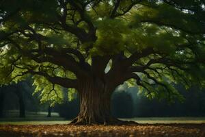 un antiguo roble árbol en el medio de un campo. generado por ai foto