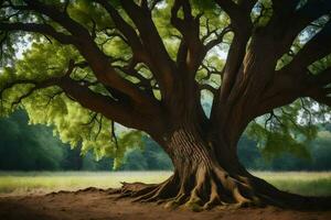 a large tree with large roots in the middle of a field. AI-Generated photo