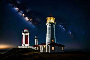 two lighthouse lights are lit up under the night sky. AI-Generated photo