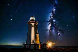 a lighthouse with a starry sky and a milky way in the background. AI-Generated photo
