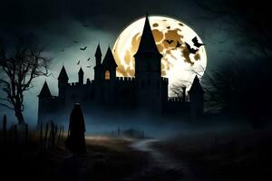 un mujer camina mediante un oscuro bosque a noche con un castillo en el antecedentes. generado por ai foto
