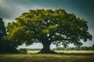 a large tree in a field with dark clouds. AI-Generated photo