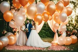 wedding couple in front of a large group of orange and gold balloons. AI-Generated photo