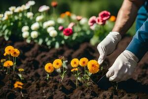 un persona en guantes es plantando flores en el jardín. generado por ai foto