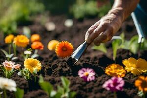 un persona es utilizando un jardín caña del timón a planta flores generado por ai foto