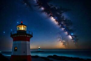 the milky way over the lighthouse at night. AI-Generated photo