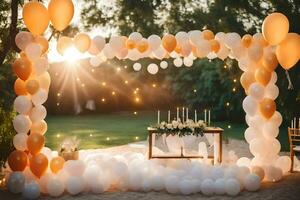 an outdoor wedding arch with white and orange balloons. AI-Generated photo