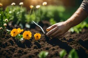 a man is planting flowers in the garden. AI-Generated photo