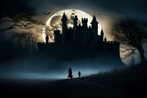 halloween castle with a full moon in the background. AI-Generated photo