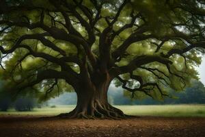 un antiguo roble árbol en el medio de un campo. generado por ai foto