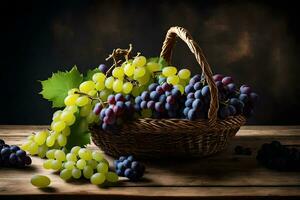 grapes in a basket on a wooden table. AI-Generated photo