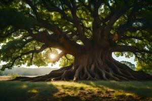 el Dom brilla mediante el maletero de un grande árbol. generado por ai foto