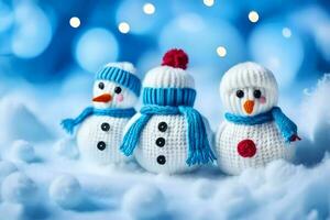 three snowmen wearing scarves and hats. AI-Generated photo