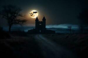 a castle with a full moon in the sky. AI-Generated photo