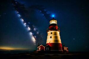 a lighthouse with a star trail in the sky. AI-Generated photo
