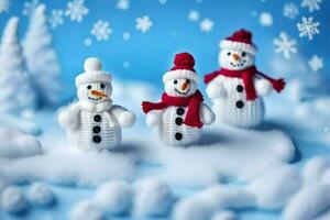 three snowmen are standing in a snow covered field. AI-Generated photo