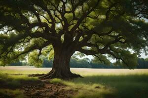 un antiguo roble árbol en un campo. generado por ai foto